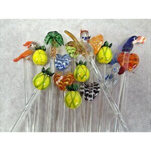 Lot of 16 Hand Blown Glass Swizzle Cocktail Stir Sticks Bird Pinapple Tropical